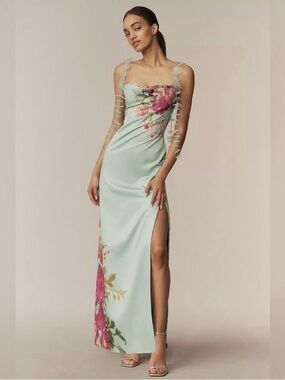 BHLDN Light Green Mint Satin Maxi Dress with Pink Floral Accents